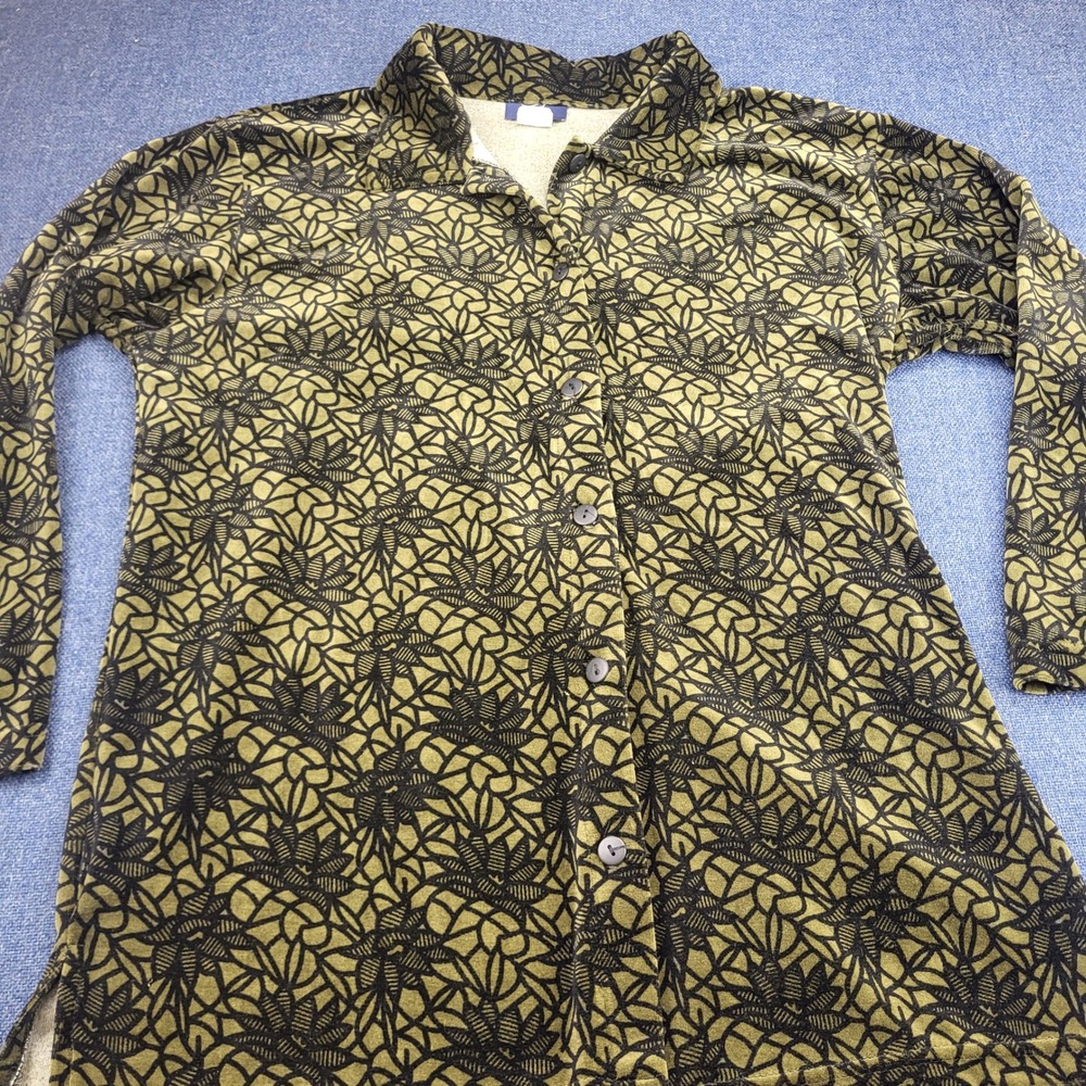 VTG RAG Olive Green Black Abstract Floral Button Down Shirt Sz 1X Made in USA